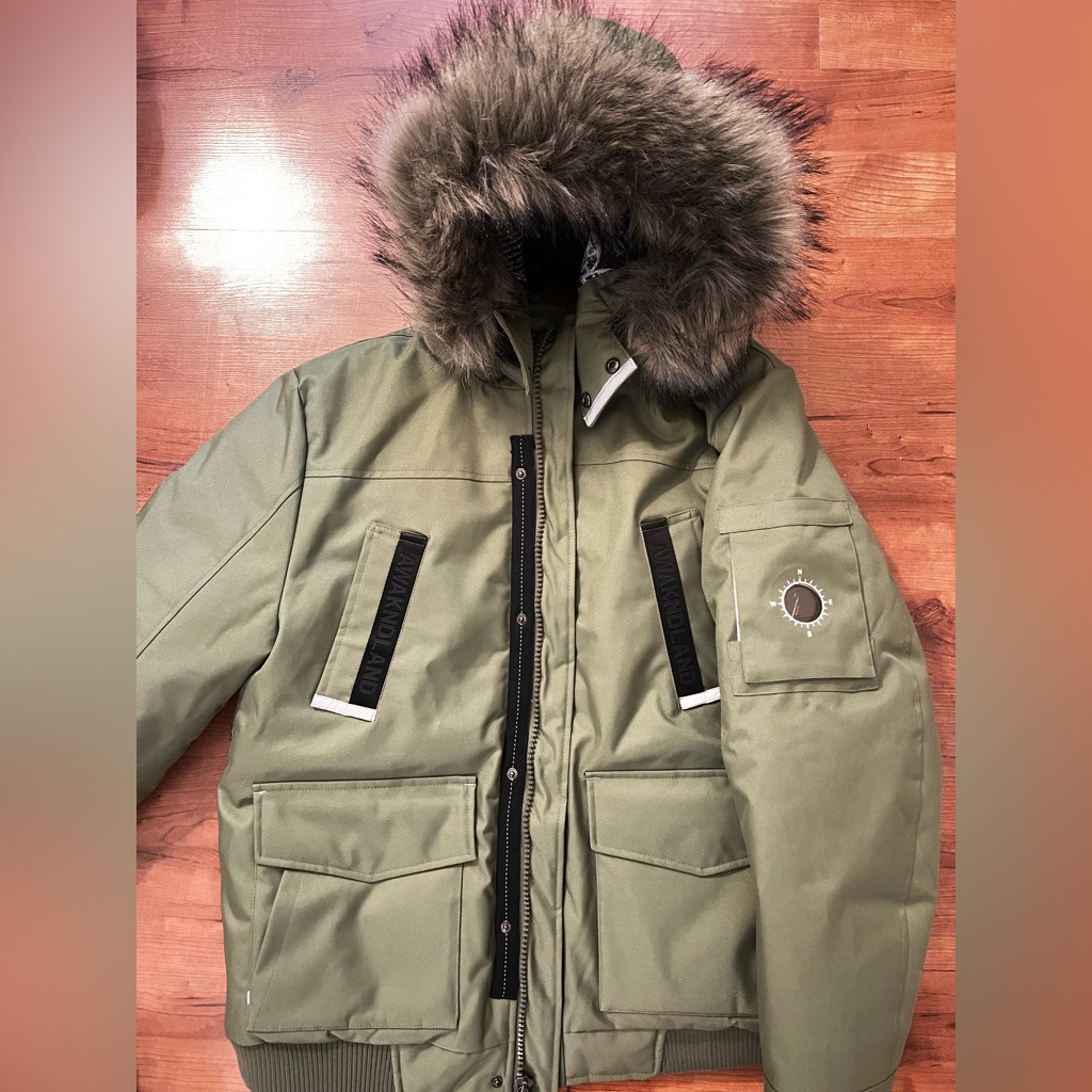 Awaknd Landmen's Army Utility Parka Olive Green Fur-Trimmed Jacket Size Xl